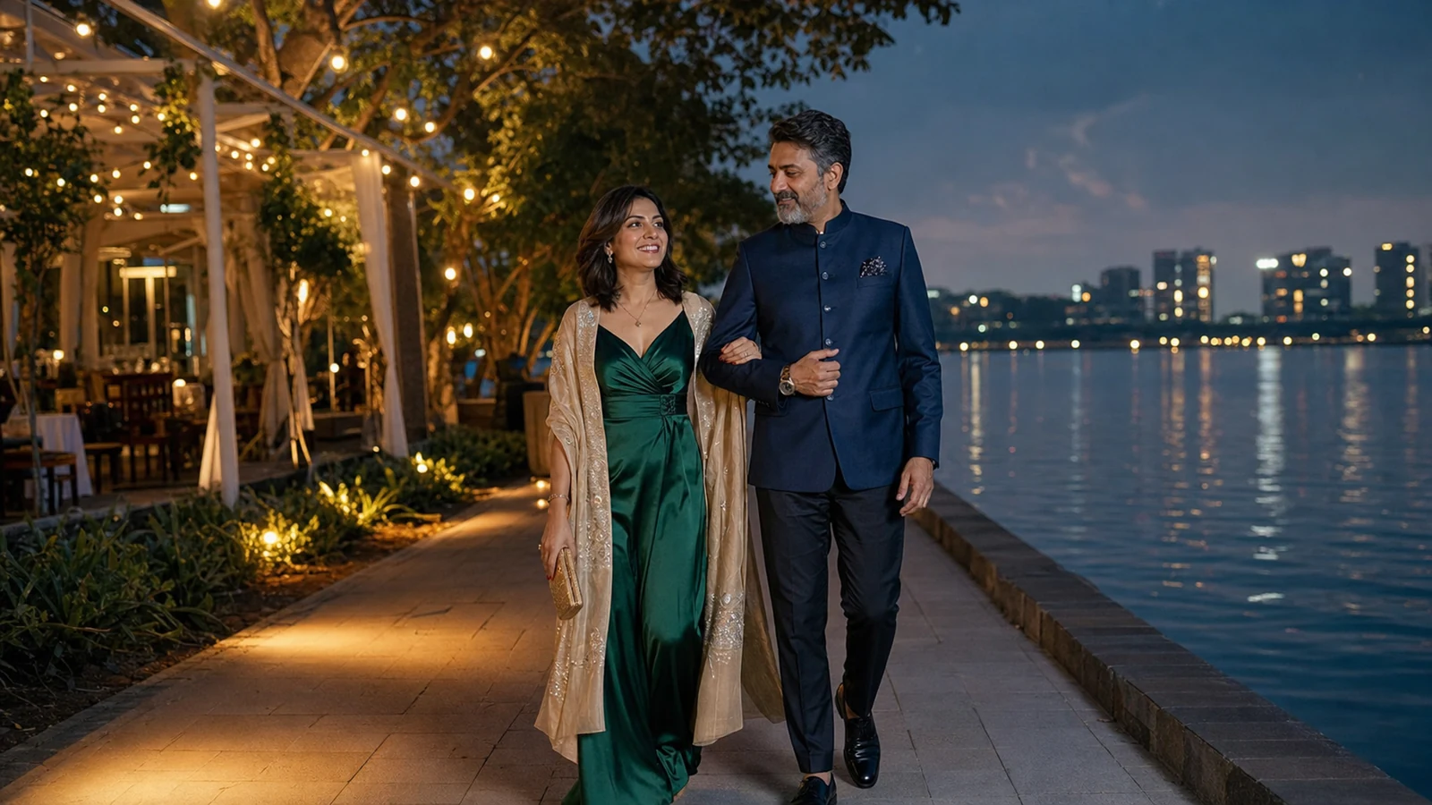 Adult couple planning a private romantic evening at a candlelit Bangalore terrace restaurant