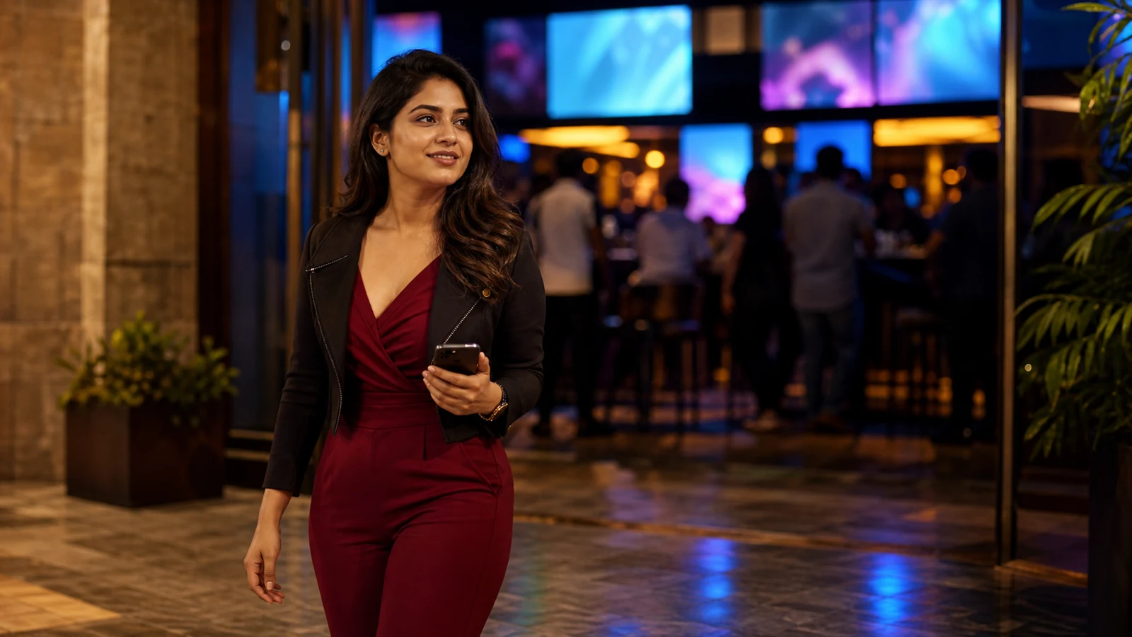 Clearly adult Indian model in a deep red jumpsuit outside an upscale Bangalore sports-bar setting for a big match night guide