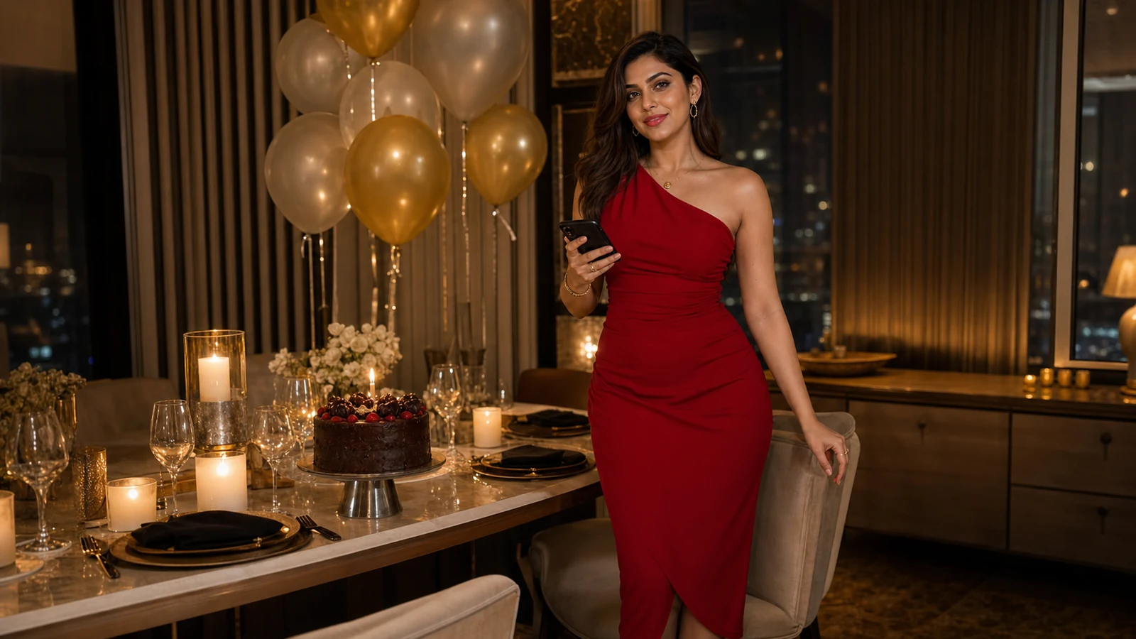 Clearly adult Indian model in a ruby-red cocktail dress holding a phone beside an elegant birthday dinner in Bangalore