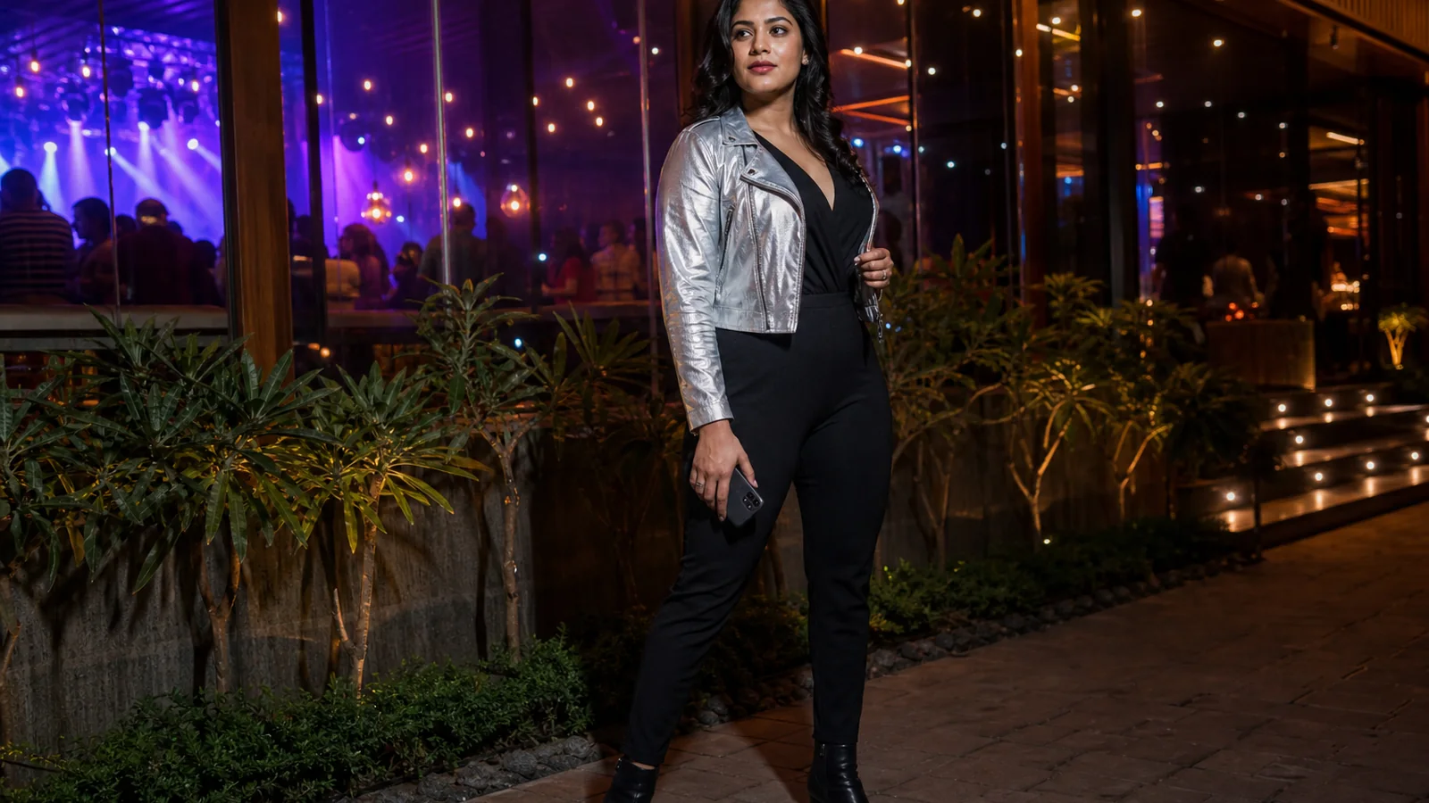 Clearly adult Indian model in a black jumpsuit and silver jacket outside a modern Bangalore live-music venue