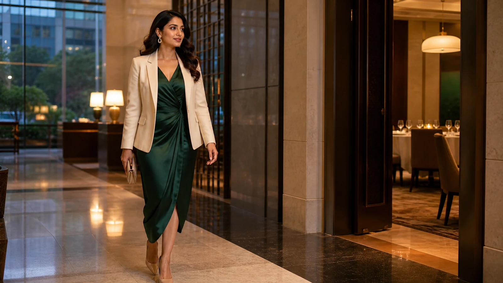 Clearly adult Indian model in an emerald dress and cream blazer walking through a premium Bangalore business hotel lobby