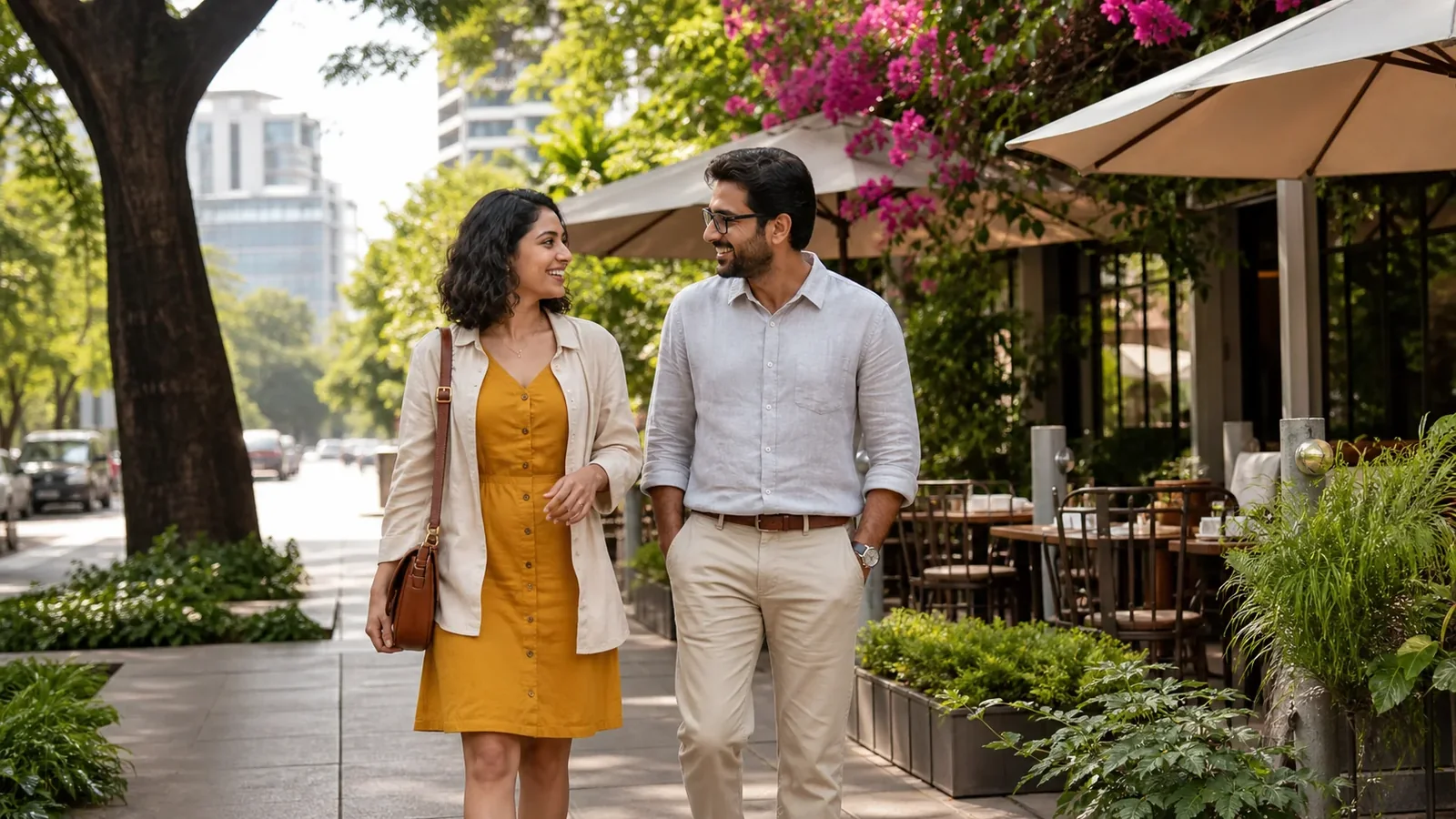 Clearly adult couple enjoying a respectful daytime city outing beside a leafy Bangalore cafe