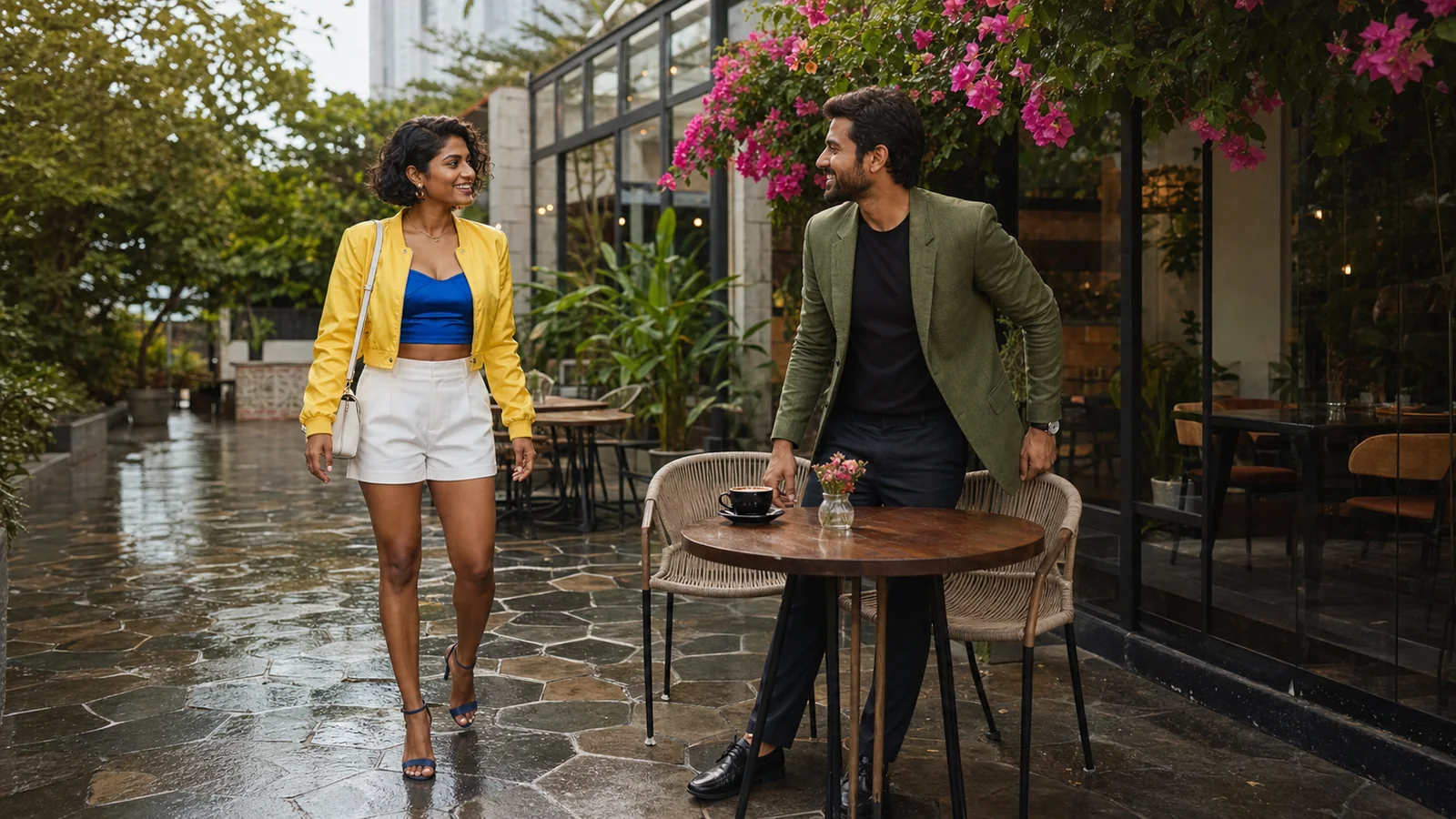 Adult Indian woman in a blue top, white shorts, and yellow jacket greeting an adult Indian man at a Bangalore garden cafe for a first-meet guide