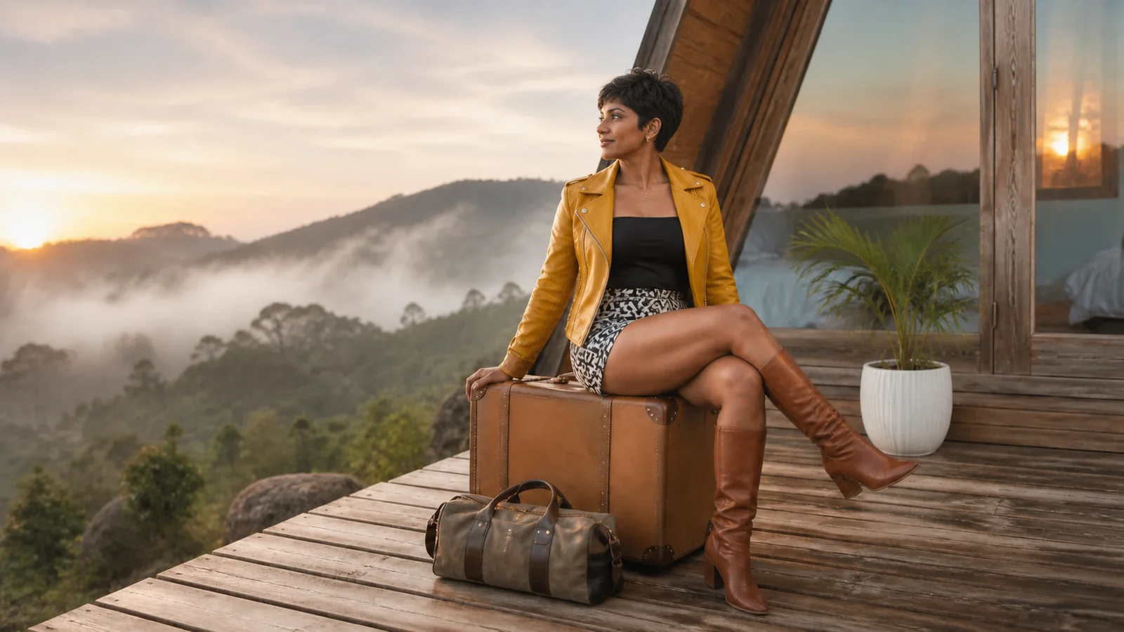 Adult Indian woman with a short black pixie haircut in a mustard jacket enjoying a misty weekend cabin stay near Bangalore