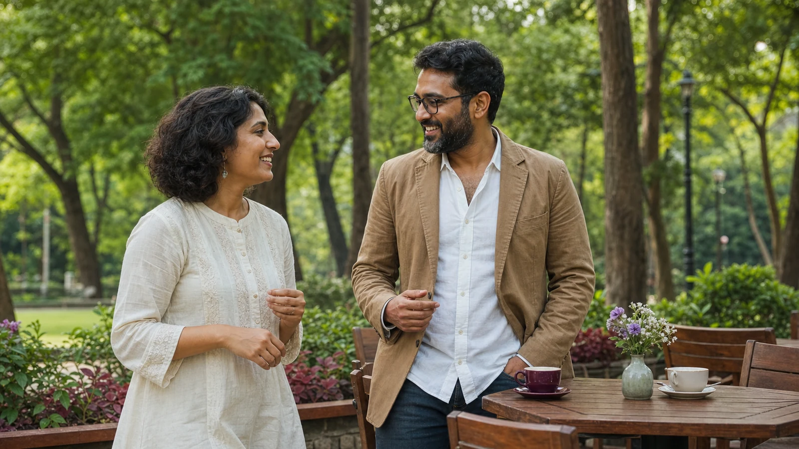 Adult couple having a warm rooftop conversation in Bangalore while building relationship trust