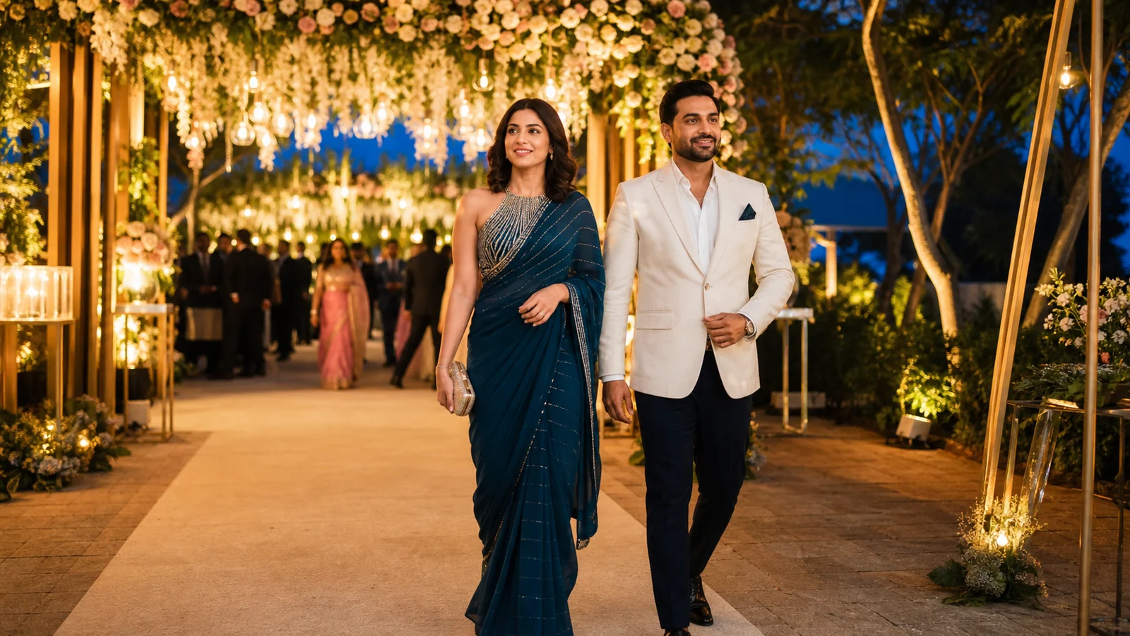 Elegant adult couple arriving at a flower-lit Bangalore wedding reception for a social event companion guide