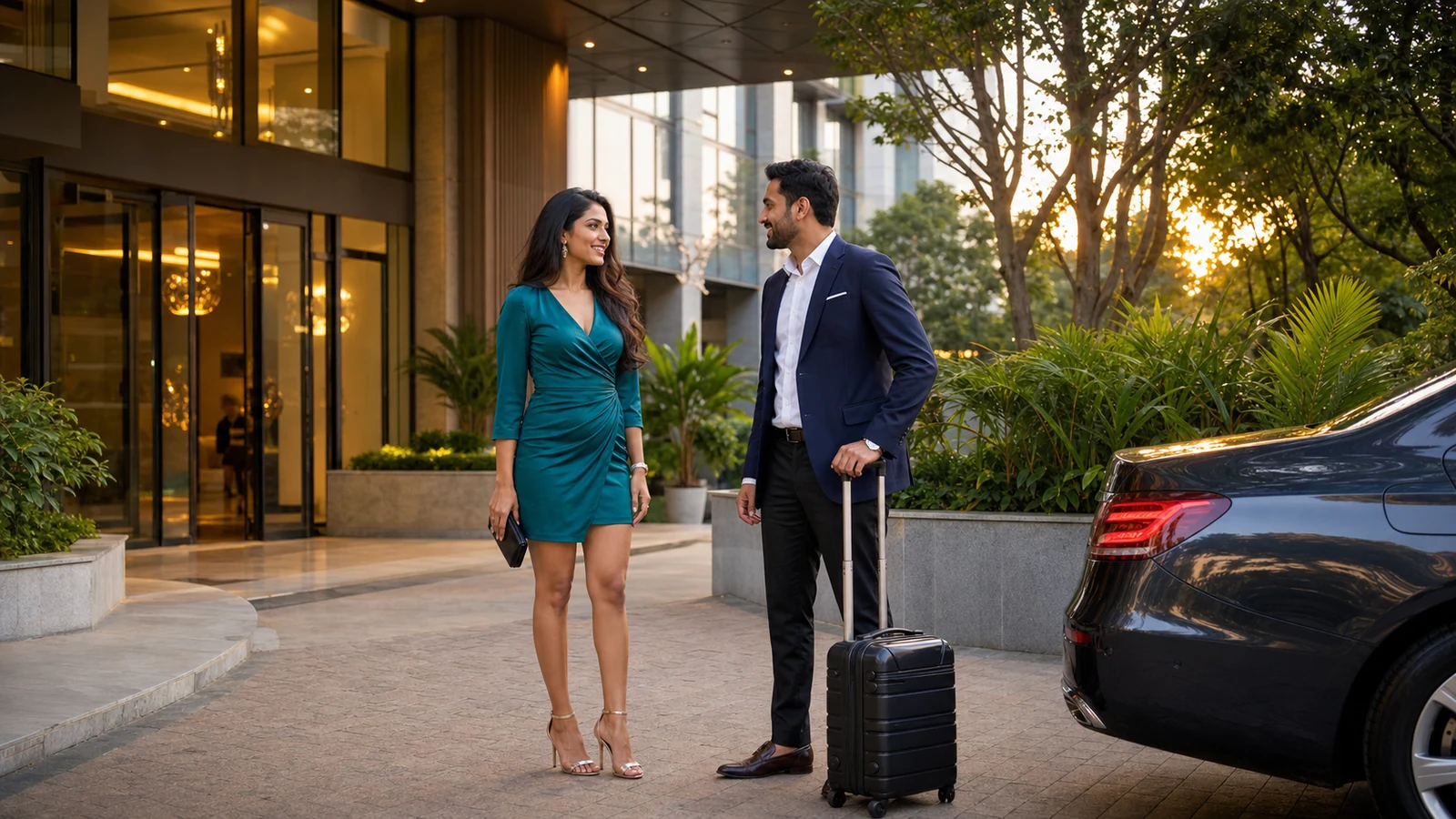 Business visitor meeting a stylish adult companion outside a premium Bangalore hotel