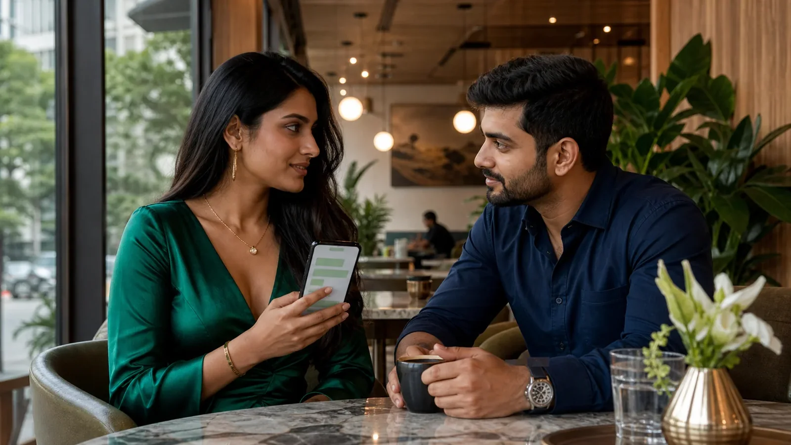 Clearly adult couple discussing a private first WhatsApp enquiry in a premium Bangalore cafe