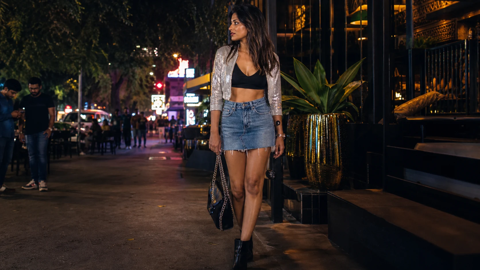 Stylish adult woman in a funky western outfit near a Bangalore nightlife street for a late night escort service guide