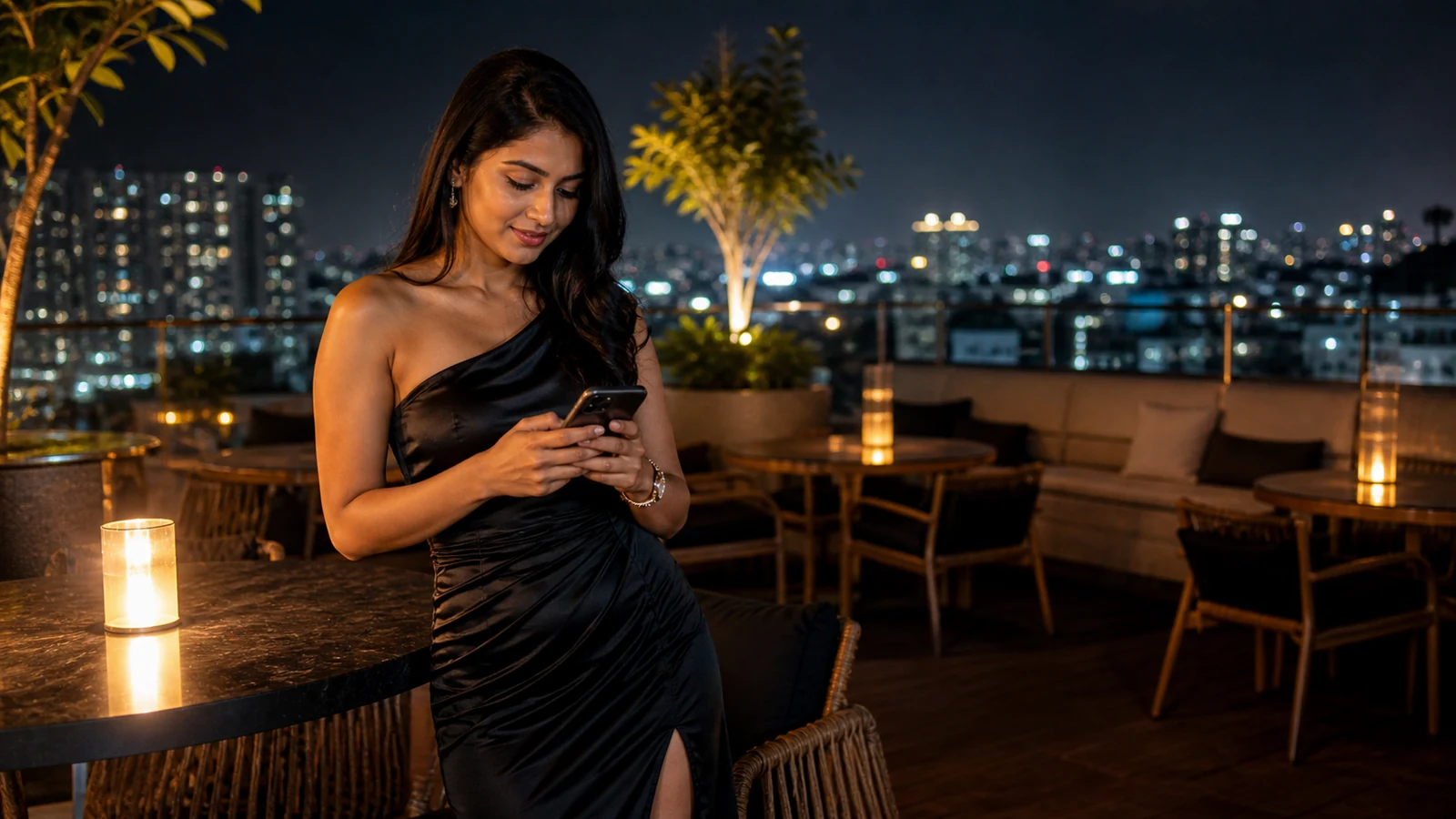 Clearly adult Indian model in a black satin evening dress checking her phone at a premium Bangalore rooftop lounge