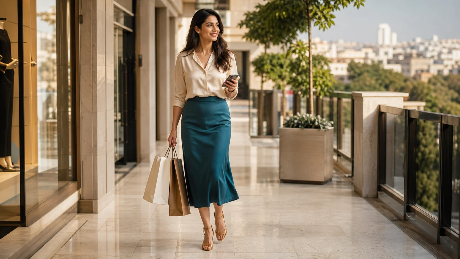 Clearly adult Indian model in an ivory blouse and teal skirt carrying unbranded shopping bags at a premium Bangalore shopping arcade