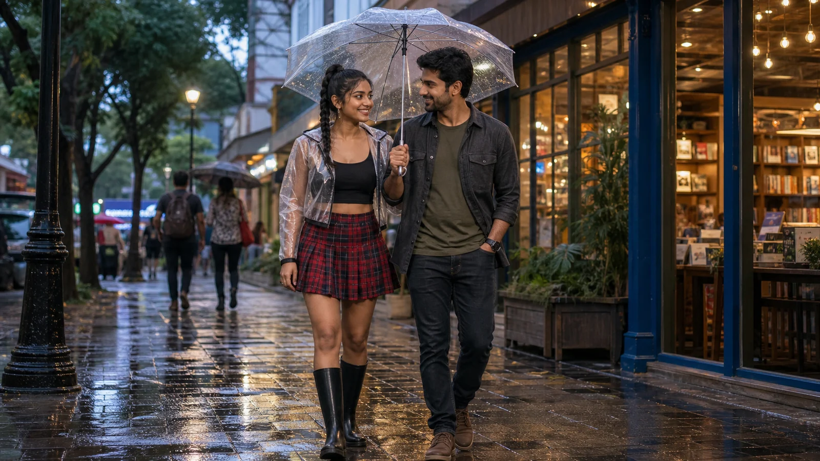 Adult Indian couple sharing a clear umbrella on a rainy Bangalore street during a stylish monsoon companion date