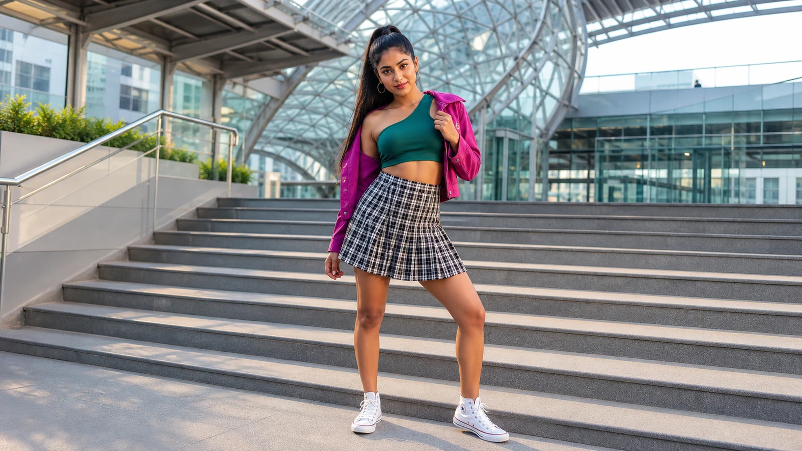Adult Indian woman with a high ponytail in a magenta jacket and checked mini skirt on a modern Bengaluru skywalk for a new escort profiles guide