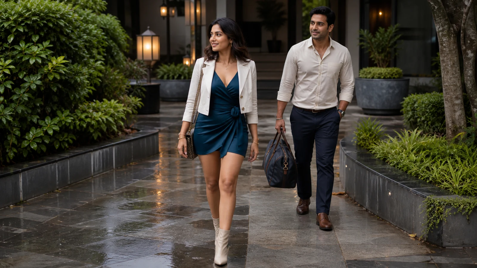 Adult Indian couple walking through a Bangalore hotel courtyard after rain for an NRI private companion guide