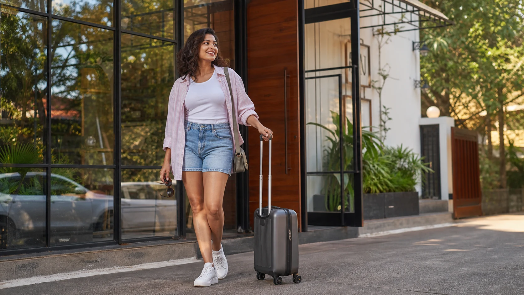 Stylish adult woman in casual denim travel outfit near a Bangalore hotel entrance for an outstation visitor escort guide