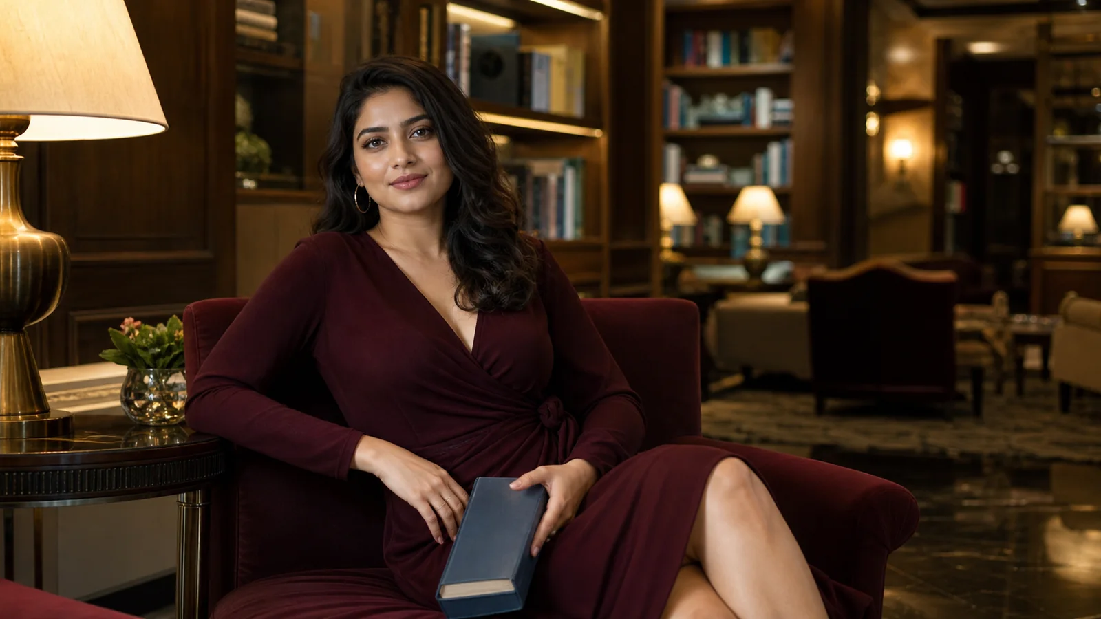 Clearly adult Indian model in a burgundy wrap dress seated in a quiet premium Bangalore library lounge