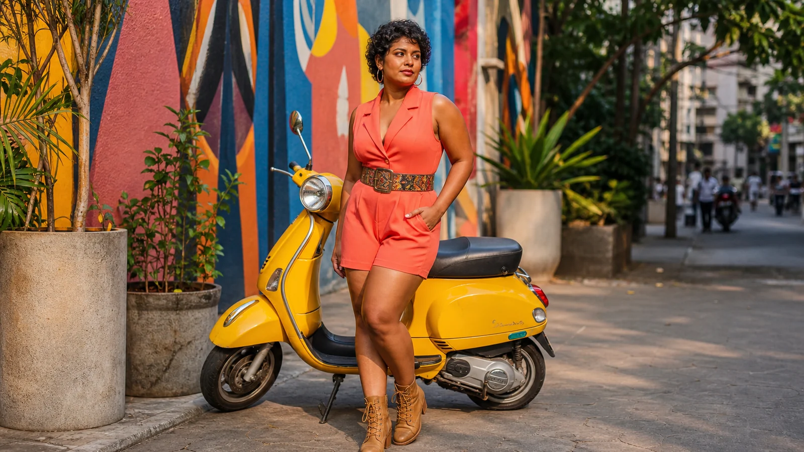 Curvy adult woman with short natural curls in a coral romper beside a colorful Bangalore art street for a same-day escort service guide