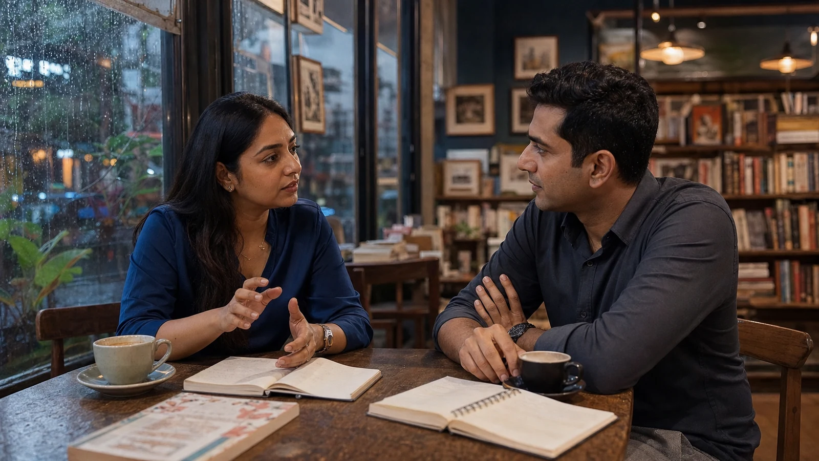Adult couple in a Bangalore lounge discussing relationship clarity and emotional expectations